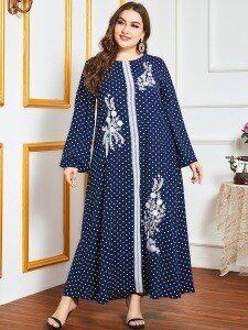 Woman Dress 2021 Spring O Neck Long Sleeve Embroidery Polka Dot Maxi Long Dress Loose Oversized Plus Size Women Clothing