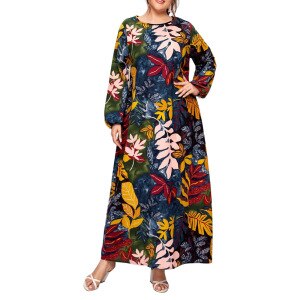 Colorful Leaves Print Casual Dress Plus Size 4XL 5XL Women Spring Autumn O Neck Long Sleeve Maxi Long Boho Dresses