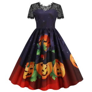 Vintage Dresses Plus Size Robe Femme 2021 Autumn Women Halloween Short Sleeve Lace 1950s Housewife Evening Party Prom Dress