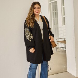 2020 Autumn Knitted Sweater Coat Plus Size Peacock Long Sleeve Loose Oversized Trench Coat Black Casual Outwear