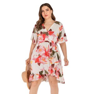 Boho Dress Summer Women 2020 Fashion Female V Neck Short Sleeve Floral Print Ruffles Dress Plus Size White Beach Dresses