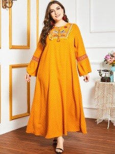 Dress Women 2021 Spring Plus Size Dress Women Embroidery O Neck Long Sleeve Dot Dress Yellow Loose Maxi Long Dresses
