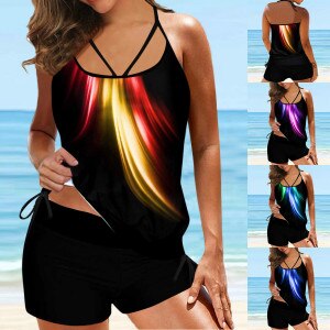 Women’s Tankini Large Bikini Set Retro Digital Print Suspender Beach Split Swimsuit Sexy Fashion Plus Size Swimwear Купальник