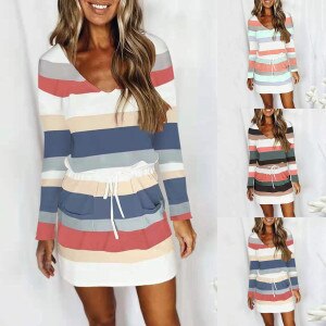 Women Dress Striped Print Long Sleeve V-neck Drawstring Summer Party Casual Mini Dress Plus Size Summer Beach Dresses
