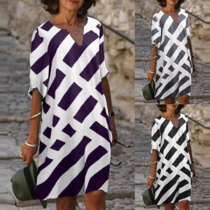 Women's Dress Fashion Retro V-neck Striped Printed Dress Vintage Dress Elegant Dress Women Robe Longue Plus Size Sundress 2021