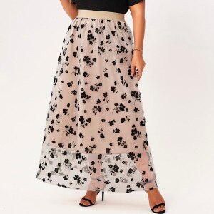 2022 New Summer Skirt Women Plus Size Beige Floral Flocked Mesh Stitching Sweet Fairy Casual Large Holiday Loose Long Skirts