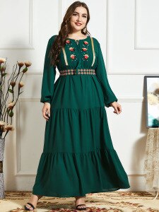 2021 Spring Dress Long Sleeve Women Embroidery High Waist Elegant Party Dresses Green 4XL Plus Size Maxi Long Dresses