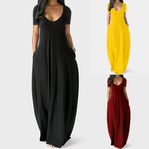 Maxi Dress 2021top Elegant Fashion Women Casual Plus Size Solid V-neck Pockets Short Sleeve Long Dress Evening Party Femme Robe