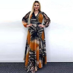 2021 Summer Dress Women V Neck Long Sleeve Retro Printing Chiffon Long Dress Maxi Plus Size Belted High Waist Boho Beach Dresses