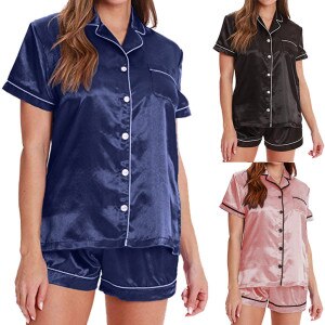 Button-down Ladies Pajama Set Satin Silk Pajamas Short Sleeve Top Shorts Womens Lounge Wear Home Suit Plus Size Nightwear Set