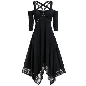 Women Halloween Plus Size Open Shoulder Lace  Half Sleeve Gothic Dress