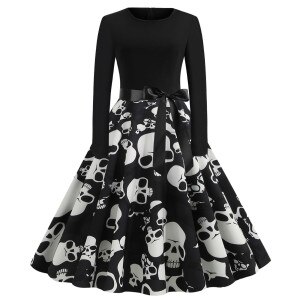 Women Long Sleeve Winter Vintage Dresses Sexy Black Music Note Print O-neck Rockabilly Pin up Party Dress Vestidos Plus size