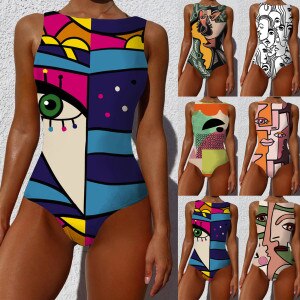 Women Bikini 2021 Woman Plus Size Graffiti Abstract Print Wide Straps High Neck Backless Swimwear One Piece Swimsuit biquini