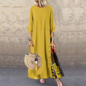 Summer Dress 2020 Fashion Women O Neck Long Sleeve Retro Printing Vintage Dress Plus Size Loose Oversized Maxi Dresses