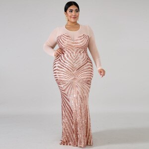 5XL Plus Size Sequied Long Party Dress Women Summer Long Sleeve Mesh See Through Sexy Clubwear Dress Mermaid Maxi Long Dresses