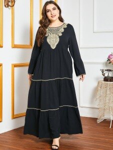 Women Dress Spring Casual Embroidery O Neck Long Sleeve High Waist Maxi Long Dress Plus Size Women Clothing