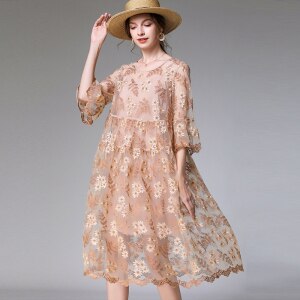 Two Pieces Woman Dress 2021 Spring Summer Fashion Lace Embroidery Elegant Party Dress Loose Oversize Plus Size Women Clothing