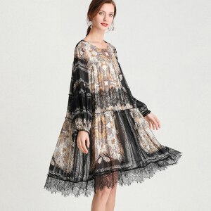 Spring Summer 2021 Women Fashion Dress Plus Size 4XL Female Long Sleeve Retro Print Vintage Dress Loose Chiffon Midi Sundress