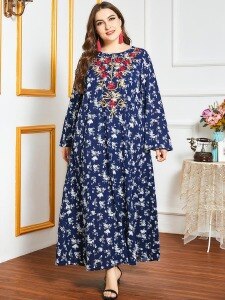 Loose Plus Size Dress Autumn 2020 Women Long Sleeve Floral Print Embroidery Retro Vintage Dress Blue Oversized Muslim Dress