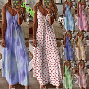 Fashion Camisole Long Dress Women Sexy Plus Size Tie-dye Print Sleeveless V-Neck dresses for women 2021 платье