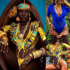 African Boho Ethnic Floral Women Swimwear One Piece Monokini Hollow Out Backless Push-up Swimsuit Plus Size 2021