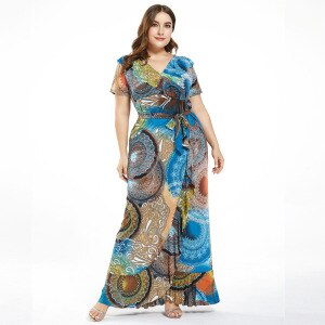 Women Summer Dress Plus Size 4XL 5XL 6XL Female Ruffles V Neck Short Sleeve Retro Printing Vintage Dress Maxi Long Dresses