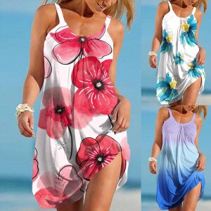 Women’s Petal Printing Dress Fashion Sexy Sleeveless Cute Cartoon Print Hem Loose Beach Dress Summer Vestidos Plus Sizes A40