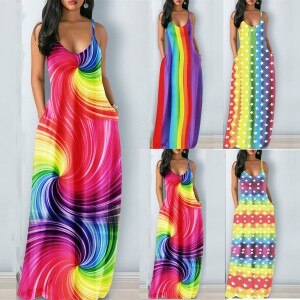 Women’s Dress Casual Gradient U-Neck Sleeveless Plus Size Summer Spaghetti Strap Dress Ladies Loose Sundress Party Dresses new