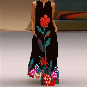 Sleeveless Elegant Retro Black Dress 2021 Casual Plus Size Long Dresses Summer Beach Woman Girls Rose 3D Print Maxi Dress Women