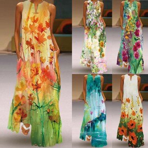 Summer Bohemian Maxi Dress 2021 Robe Plus Sizes Woman Sleeveless Hollow Out O-Neck Beach Loose Long Dress S-2XL Dropshipping