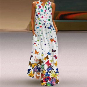 Summer Womens Butterfly Print Long Dress Pocket Sexy V-neck Sleeveless Sundress Casual Loose Bohemian Maxi Dresses Plus Size