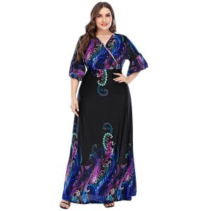 2021 Spring Autumn Women V Neck Half Sleeve Floral Print Casual Dress Plus Size Black High Waist Ladies Tunic Bohemian Dresses