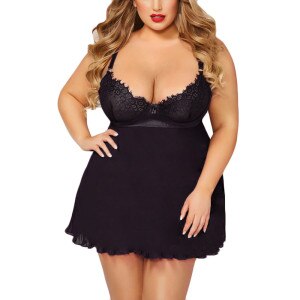 Sexy Plus Size Lingerie Silk Babydoll Dress Set Deep V Lace Lingerie G-String Underwear Nightwear Push-Up Chemises Sleepwear A50