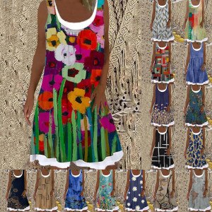 Summer Patchwork Short Dress Women 2021 Casual O Neck Pocket Party Dress Ladies Sleeveless Loose Beach Dresses Plus Size