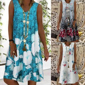 Women’s Summer Casual Sleeveless V Neck Floral Print A-line Dress Maxi Dress Plus Size Sundress 2021