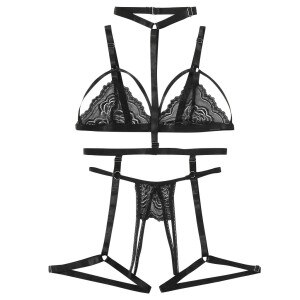 New Women Plus Size Lingerie Lace Bra+Thong+Garter Underwear Set Black Sleepwear interior femenina Wire Free Bra Bralette A50