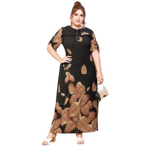 Women Spring Autumn Dress Plus Size 2021 Leaves Print Short Sleeve Casual Dress Loose Oversized Ladies Tunic Maxi Long Dresses