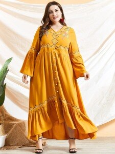 Long Dresses For Women 2020 Autumn V Neck Long Sleeve Embroidery Casual Dress Plus Size Yellow Ruffles Boho Beach Dresses