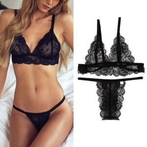 erotic lingerine transparen New Women Plus Size Lace Lingerie Bra+Thong Underwear Set Black Sleepwear S-3XL lenceria erotica A50