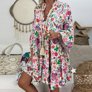 2021 Autumn New Fashion Women’s Ladies Loose Print Three Quarter Sleeve Mini Dress Summer Plus Size Boho Dress Женское Платье
