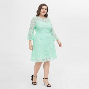 Evening Dresses Plus Size 4XL 2021 Fresh Elegant Loose Casual Lace Mint Green Round Neck Waist Repair Long Sleeve Knee Length