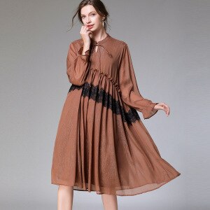 Long Sleeve Dress Women 2021 Spring Summer Lace Patchwork Elegant Chiffon Dress Midi Loose Oversized Plus Size Women Clothing