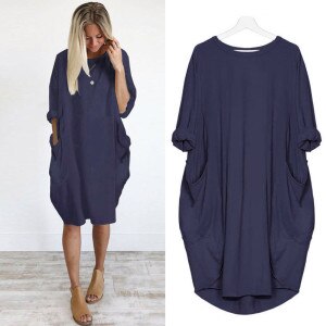 Vestido De Mujer Womens Pocket Loose Dress Ladies Crew Neck Casual Long Tops Dress Plus Size Платье Летнее Женское2021 A40
