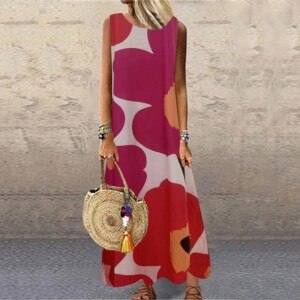 Women Summer Dress Fashion Loose Long Dress Sleeveless O-Neck Printed Retro Dress Bohemia Beach Sundress Vestidos Plus Size A40