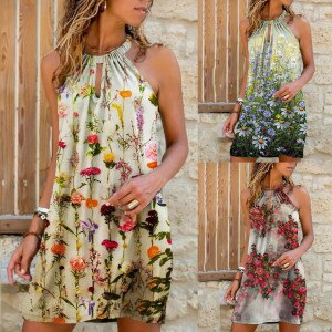2021 plus size women clothing Summer Casual Dresses Ladies Fashion Metal Hanging Neck Print Sleeveless Dress Daily летнее платье