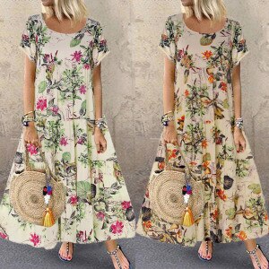 Summer Dresses Fashion Womens Plus Size Casual Short Sleeve Boho Retro Linen Print Long Maxi Dress Wholesale Free Ship Платье