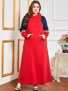 2020 Autumn Winter Dress Women Long Sleeve Contrast Multicolor Elegant Muslim Dress With Hat Plus Size Islamic Clothing