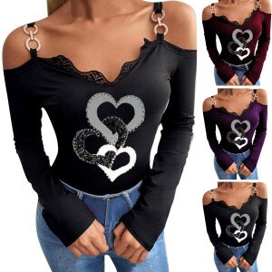 Autumn New Tops T-shirt Women’s Western Style Printing V-neck Zipper Strapless Long-sleeved T-shirt Plus Size Clothing Shirt