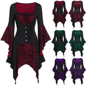 Gothic Irregular Dresses Womne Plus Size Autumn Skeleton Print Long Sleeve Lace Panel A Line Dress Vintage Party Dresses Robe