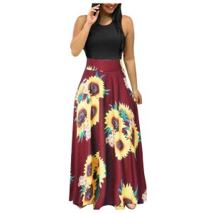 A-line Long Dress Women Summer Plus Size Sleeveless Floral Print Sundress Casual Swing Maxi Dress Beach Wear Vestidos A40
